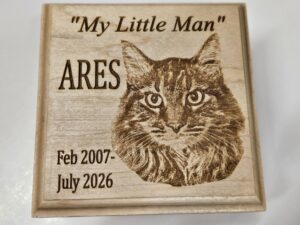 Custom picture engraving on maple with special saying after water cremation at Tranquil Tides Pet Aquamation.