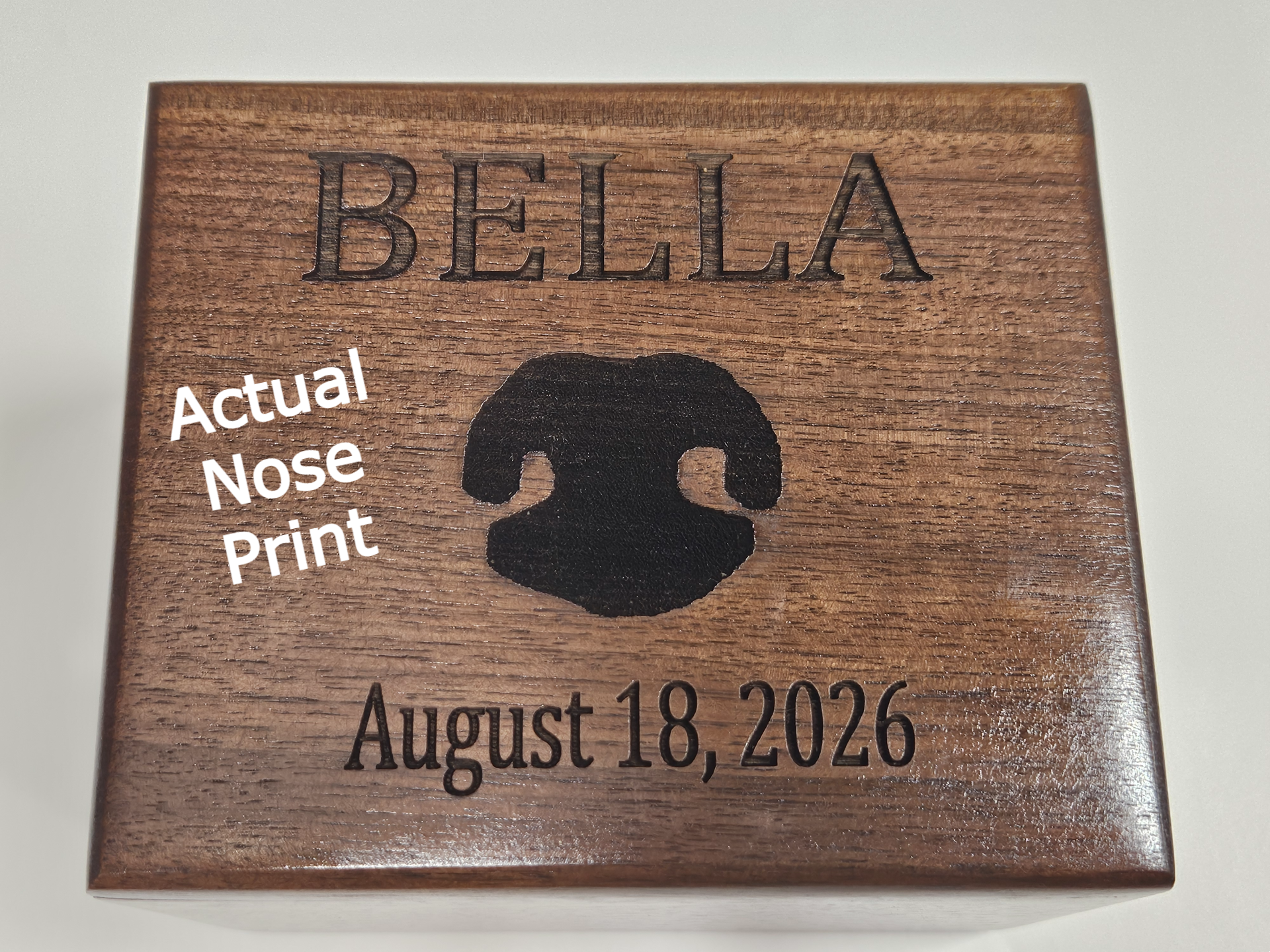 Custom nose print engraved wooden pet urn for individual water cremation honoring a golden retriever.