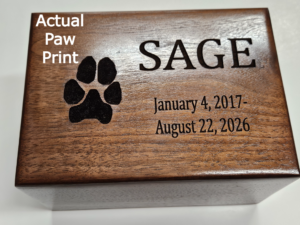 Custom pet memorial acacia urn with engraved actual paw print for families seeking eco-friendly cremation.