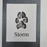 Custom pet loss keepsake showcasing regular ink paw print etched onto linen paper.