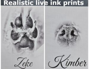 Side-by-side display of realistic live ink paw and nose print and personalized memorial card at Tranquil Tides.